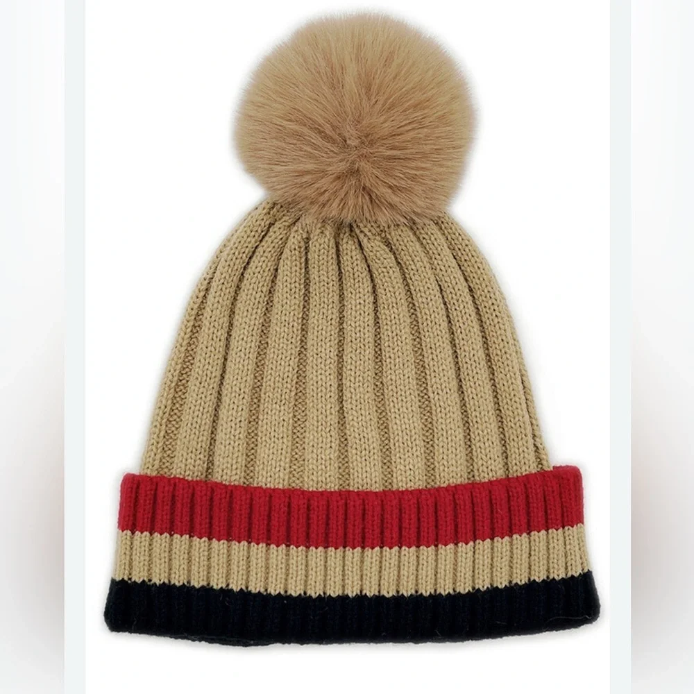 D&Y Rib Knit Beanie with Two Tone Cuff and Faux Fur Pom